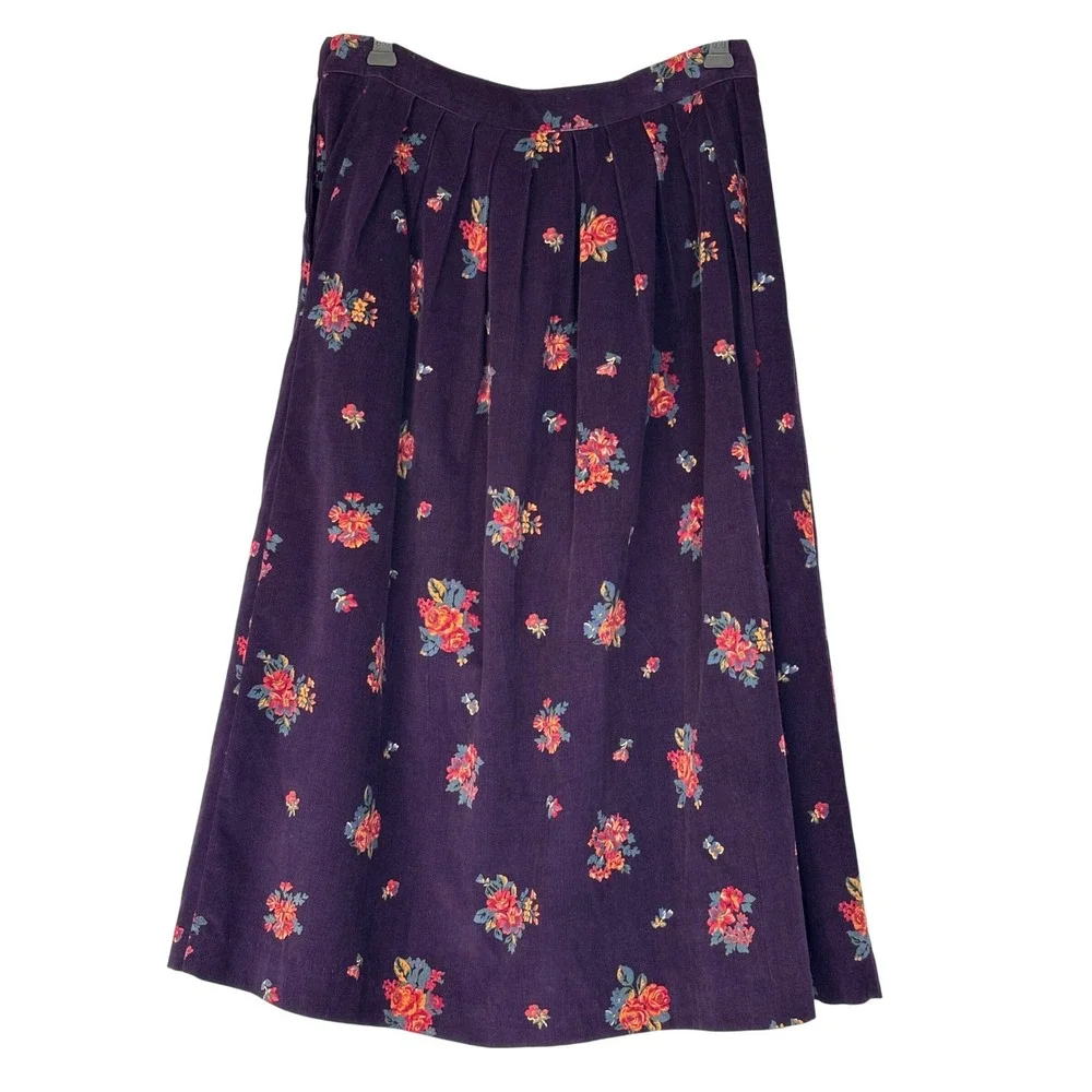 Vintage 90's Purple Floral‎ Corduroy Pleated Midi Skirt Sz 8 Cottagecore